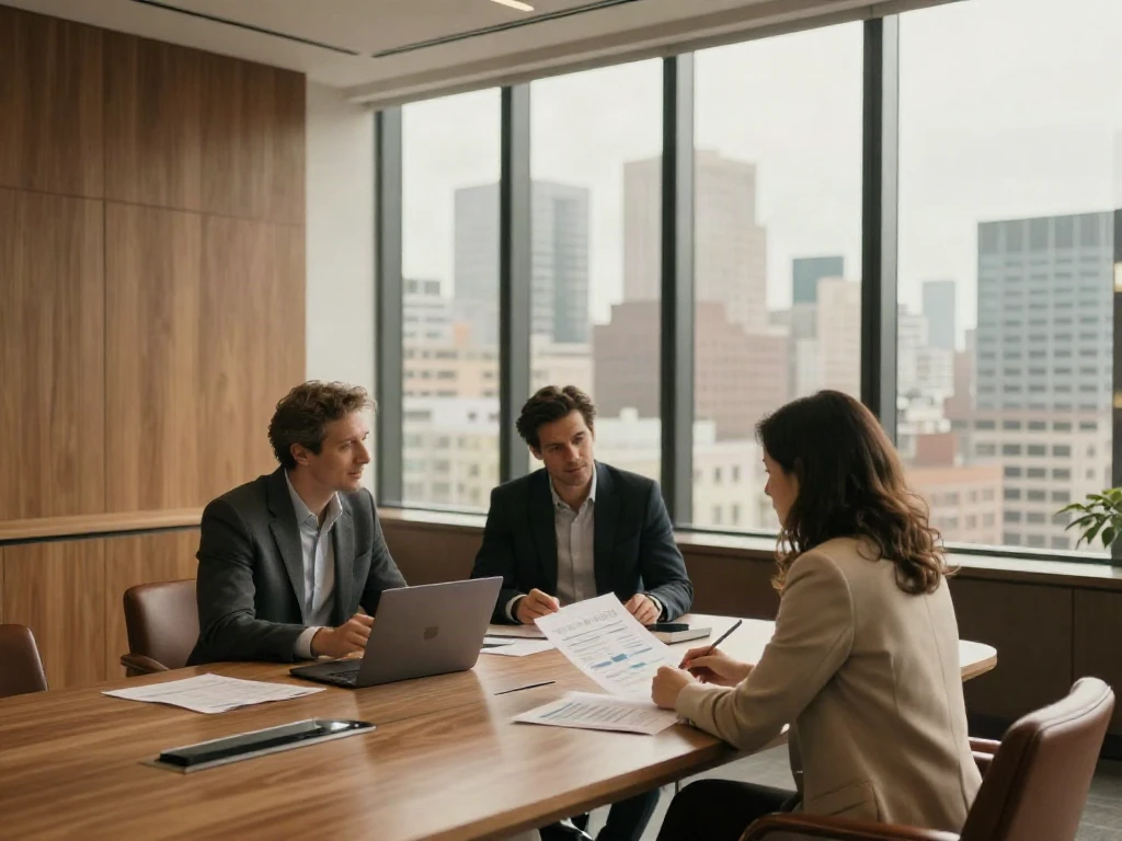 Three business consultants reviewing strategy reports in a sunlit, walnut-lined boardroom